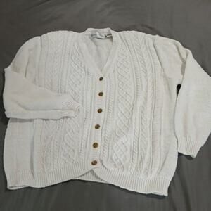 VTG Baxter Wells Woman 1X cotton/ramie cable-knit white long-sleeve cardigan